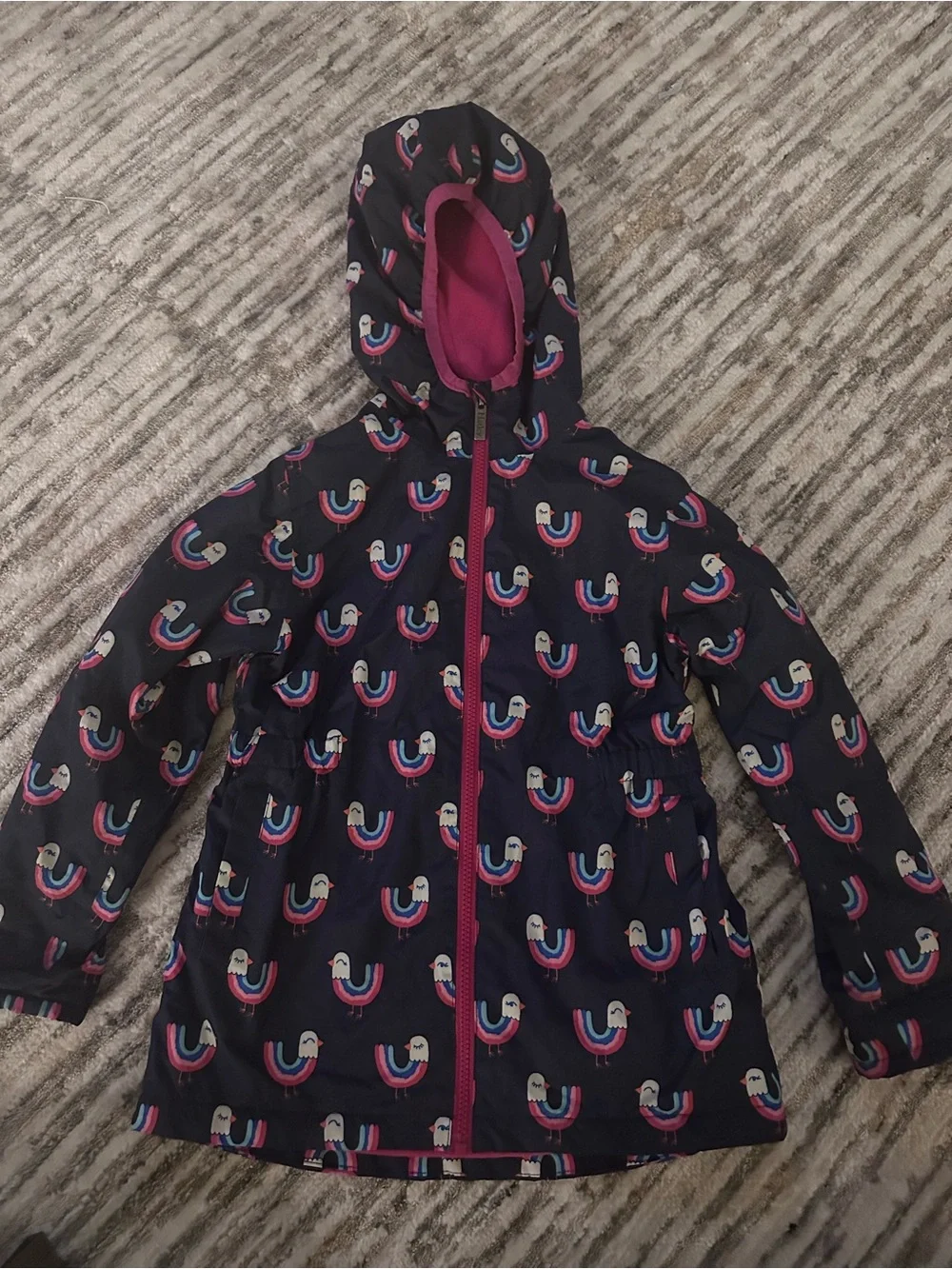 Hatley Navy Hooded Jacket with Pink Fleece Lining and Bird Print - size 8 kids